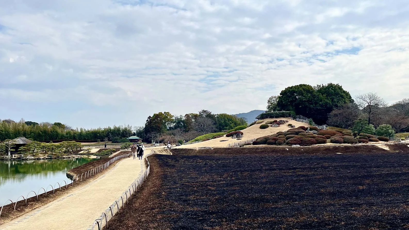 Le jardin Korakuen d’Okayama avec la pelouse brûlée
